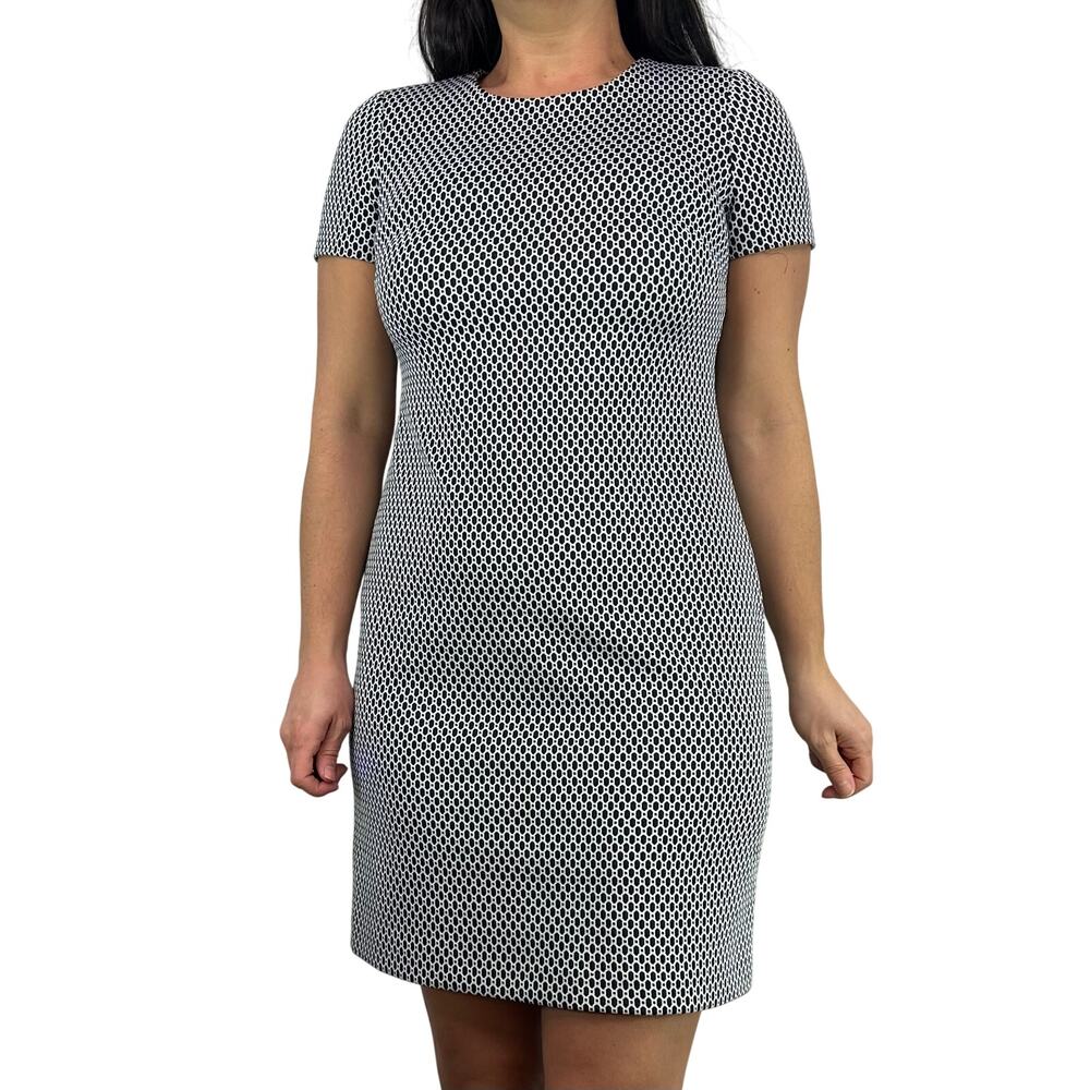 Calvin Klein White & Black Circular Patterned Textured Short Sleeve Sheath Dress